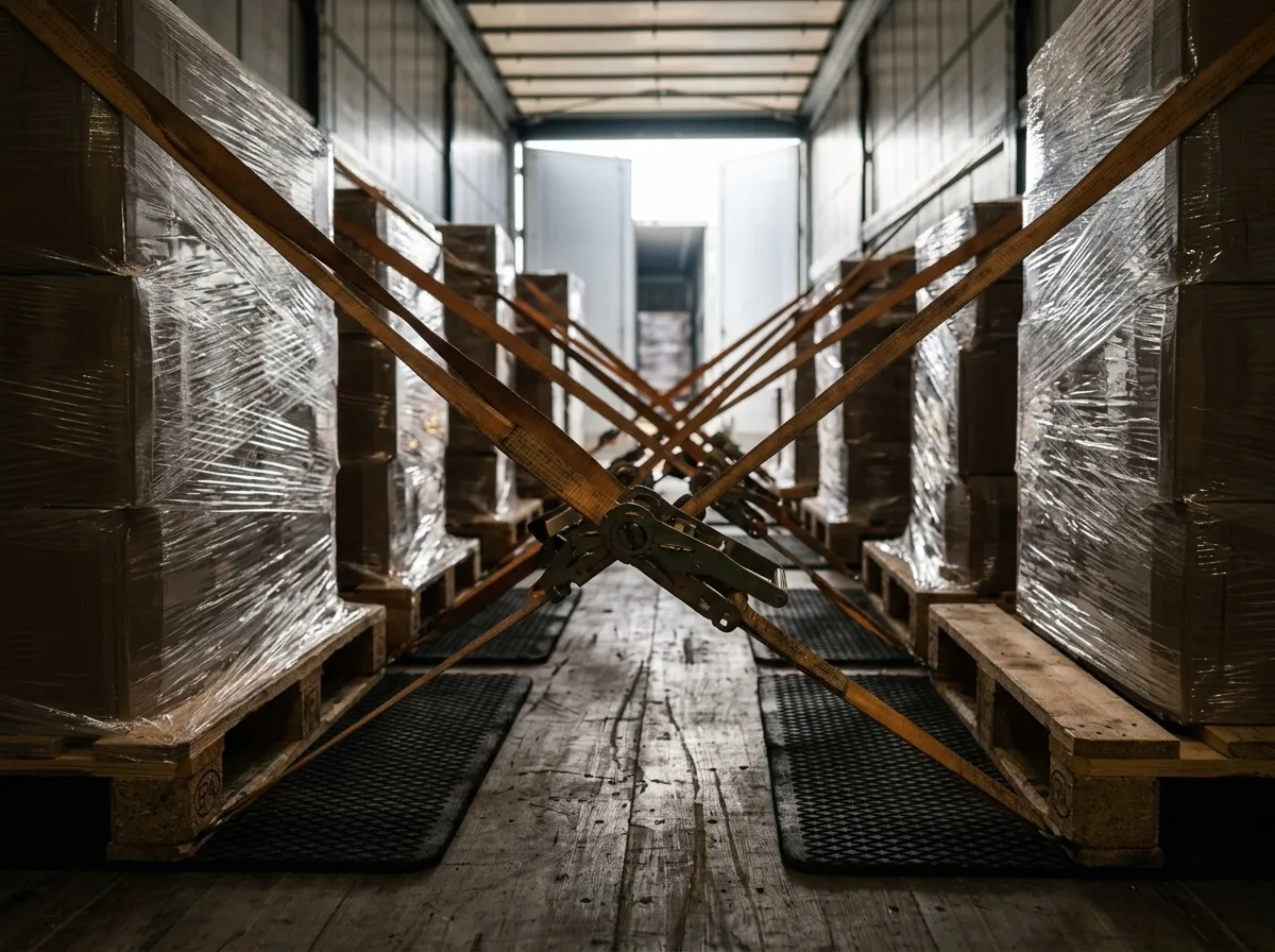 Detail upínacích popruhov a zaisteného nákladu vo vnútri návesu